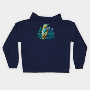 Kingfisher painted in watercolor on blue background Kids Hoodie